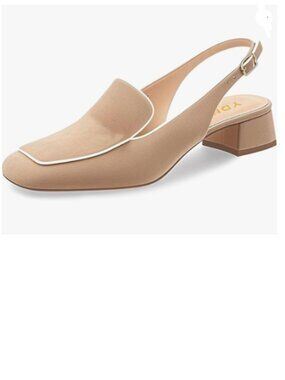 YDN Beige Square Toe Block Low Heels Slingback Formal Loafer Dressy Shoes